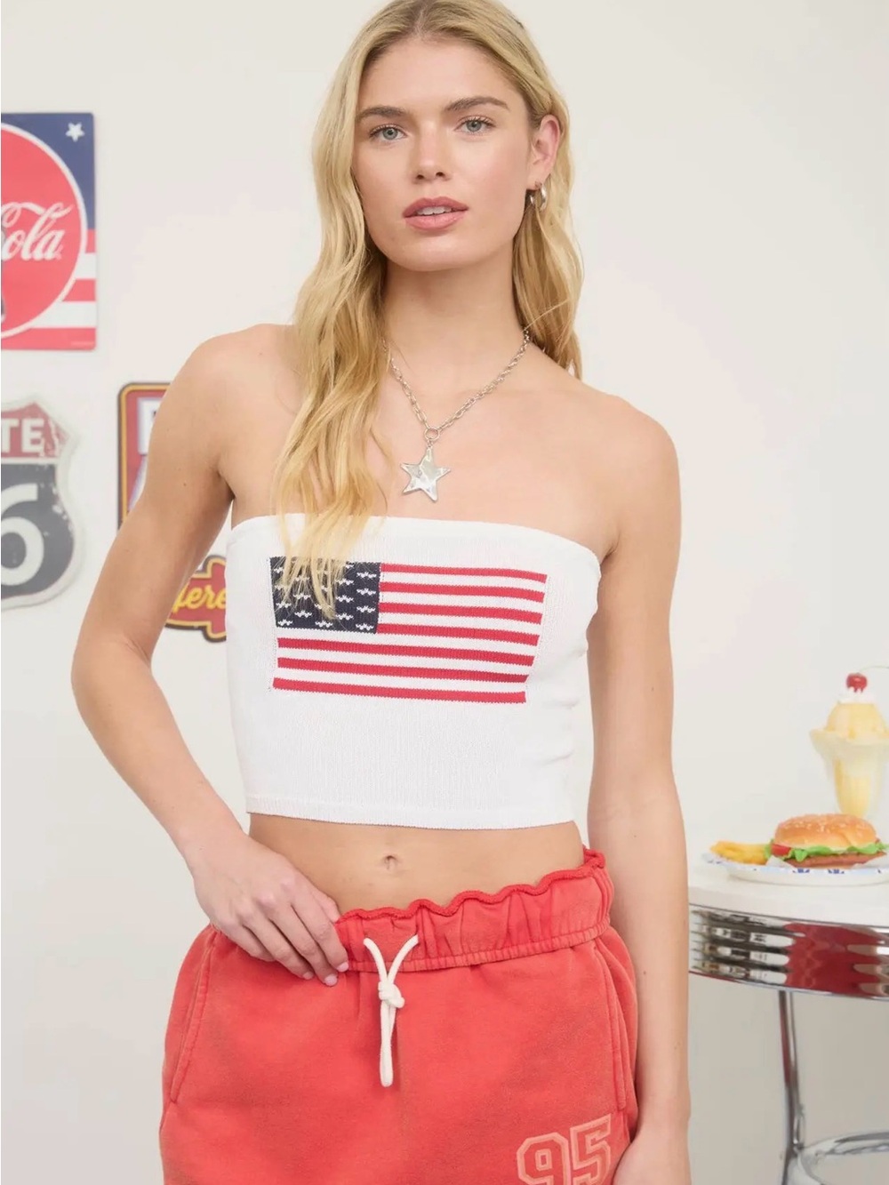 White Strapless Tube Top with Flag Graphic